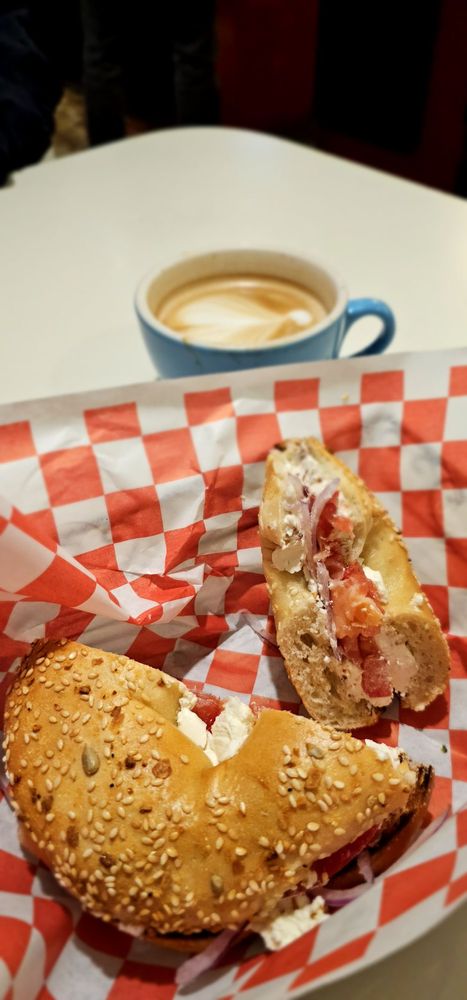 Bagel sandwich and coffee